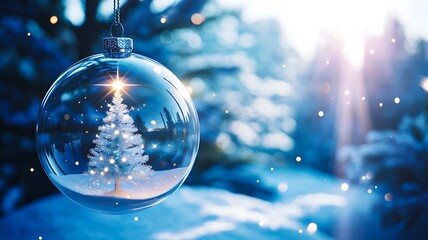 Christmas ornament with glowing tree in snowy winter landscape