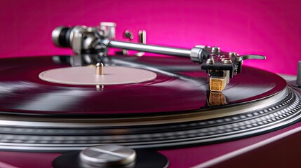Close up of a vinyl record player with tone arm and record on a vibrant background