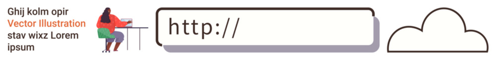 Internet browsing, online searches, cloud technology, file storage, web navigation, remote work. Woman working on a desk beside a search bar and cloud graphic. Internet browsing and cloud technology