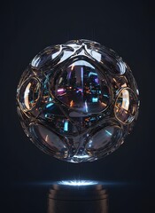 Abstract glowing sphere with intricate glass-like structure, showcasing refracted light and advanced conceptual design in a dark setting, symbolizing innovation and futuristic vision