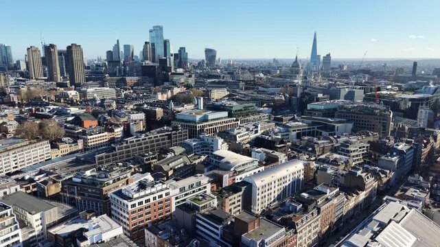 Hatton Garden ,jewelry district Londondrone aerial reverse reveal blue sky