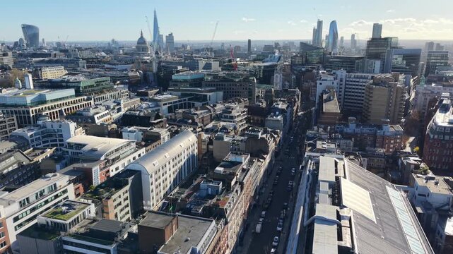 Ascending drone,aerial Hatton Garden,jewelry district London UK