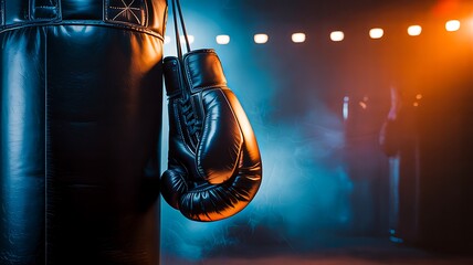 Black boxing gloves hanging on punching bag in dramatic gym lighting
