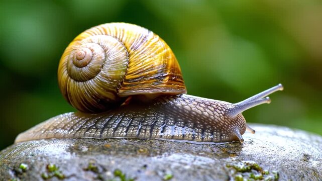 Snail shell animal close up rock with green blurred background showing detailed texture and natural environment outdoor wildlife slow movement wet surface macro photography spiral shell mollusk