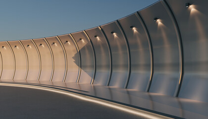 Modern architectural design featuring curved metallic structure with illuminated spotlights, perfect for futuristic concepts and cutting-edge innovation visuals