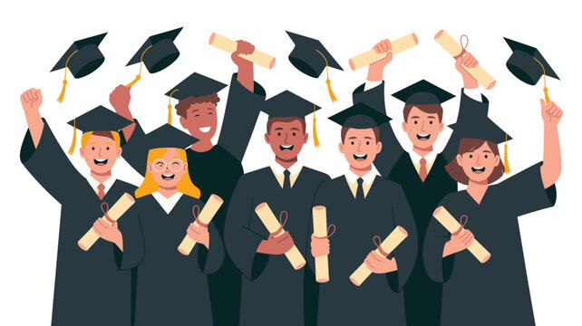 Diverse Group of Graduates in Gowns and Caps Holding Diplomas Celebrating Success Together - Powered by Adobe