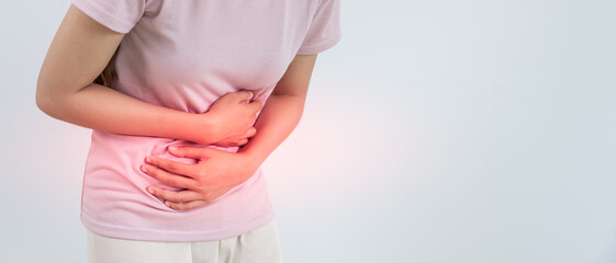women symbol on menstrual, have abdominal pain, ache, menstrual cramps, colon cancer, belly...