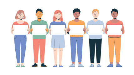 Fototapeta premium Group of People Holding Blank White Signs, Cartoon Style, Standing in a Row