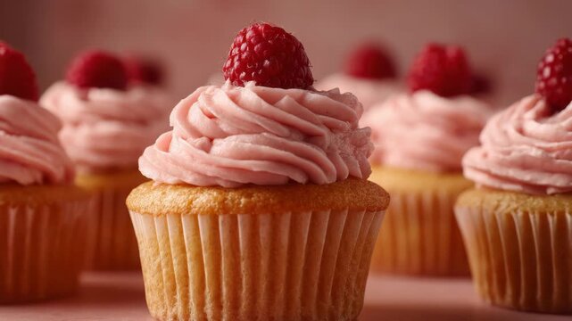 Cupcakes Topped With Pink Frosting and Raspberries Displayed On Pink Surface In Soft Lighting Focus On Front Cupcake