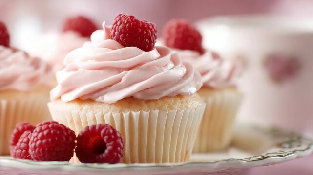 Close-up of Cupcakes with Pink Frosting and Raspberries on a Decorative Pink Plate with Blurred Background in Soft Lighting