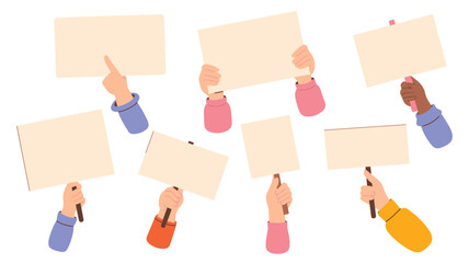 Hands Holding Blank Signs in Protest, Demonstrating with Colorful Clothing on White Background
