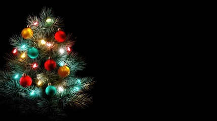 Decorated christmas tree with lights and ornaments on black background