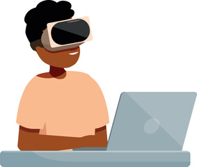 Smiling young man using vr headset and laptop, exploring virtual reality and enjoying immersive experience