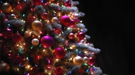 Decorated evergreen tree with festive ornaments and lights on dark background