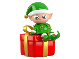 Festive Elf Character Sitting on a Wrapped Gift, Ideal for Holiday Decorations and Greetings