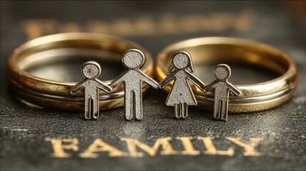 Elegant wedding rings intertwined with a family symbol representing financial commitment and lasting relationships