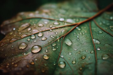 Macro close-up of green leaf with detailed vein structure and fresh water droplets creating a natural dewy texture