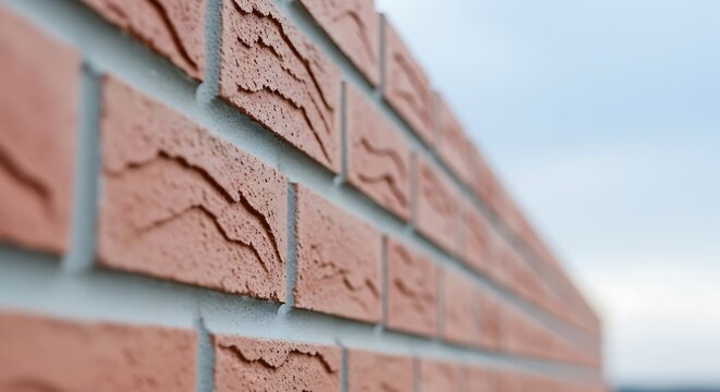 Close-up view of red brick wall with textured surface showcasing architectural detail, rough pattern, and construction material.