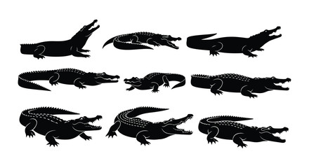 Black silhouette illustrations depicting multiple crocodiles in various poses and angles