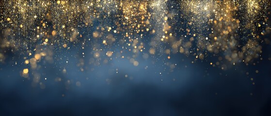 Fototapeta premium New Year celebration background with dramatic gold and silver fireworks sparks on dark midnight blue gradient for party invitation banner poster design