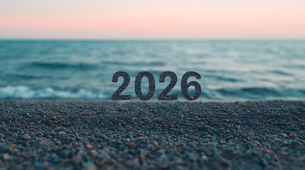 A serene beach scene with the year "2026" formed from pebbles, set against a calm ocean and a pastel sunset sky.