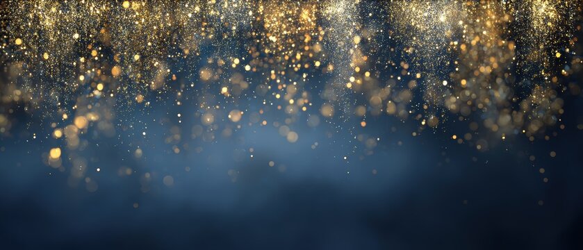 New Year celebration background with dramatic gold and silver fireworks sparks on dark midnight blue gradient for party invitation banner poster design