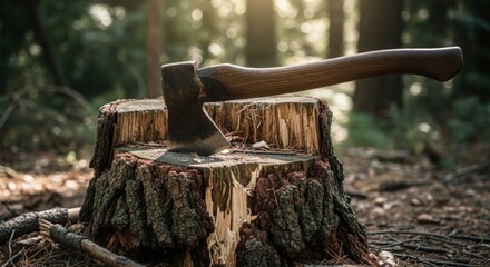 Vintage Wood-Handled Axe Lodged in Stump &ndash; Highlighting rugged tools and outdoor work