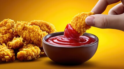 Golden fried food dipped in red sauce on yellow background
