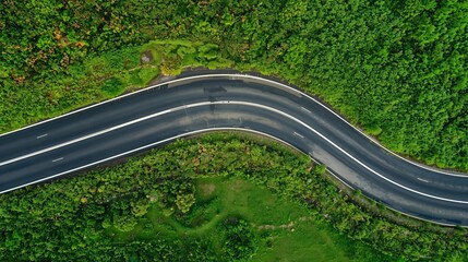 Aerial view of a dark winding asphalt road with white lines curving through lush green forest and natural landscape.