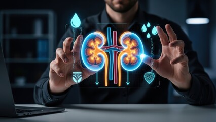 Digital Health: Doctor analyzing kidney health with holographic technology.