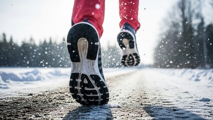 Winter Running: Athlete's Feet on Snowy Road with Falling Snow