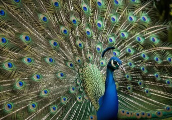 A magnificent peacock proudly displays its iridescent blue and green plumage with its elaborate fanned tail feathers, showcasing numerous intricate eyespot patterns.