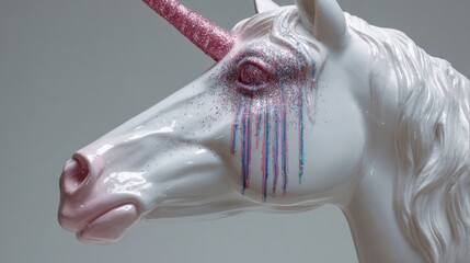 Elegant unicorn head with pink horn and glitter tear streaks, up close.