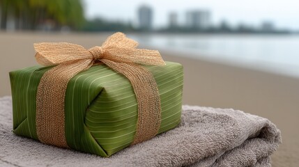 christmas Gift box on a beach towel with a serene ocean backdrop.