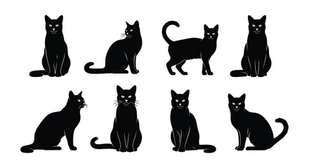 A collection of sleek black cat silhouettes in various poses and positions