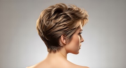 Rear-side profile of a woman featuring a chic, voluminous blonde pixie haircut with textured layers.