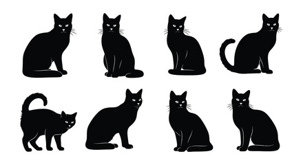A collection of sleek black cat silhouettes in various poses and positions © MdNirob
