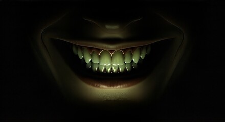 A sinister, wide grin featuring glowing, sharp teeth emerging from deep shadow, creating a creepy, unsettling expression.