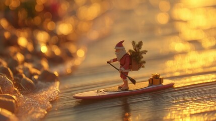 christmas A Santa figurine paddleboarding on shimmering water.
