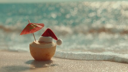 christmas Tropical coconut drink with festive decorations on a beach.