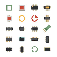 Collection of modern electronic component icons including diverse microchips, circuits, and connectors for technology design and innovation