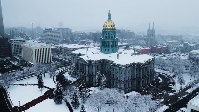 Denver Capitol in snow, aerial video, Denver, CO 4K