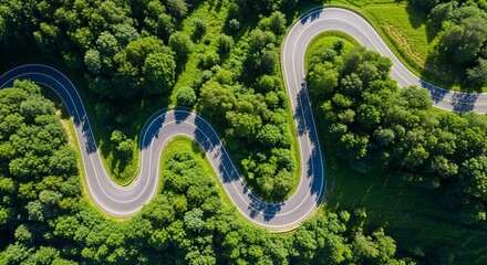 Aerial view of a winding asphalt road snaking through a vibrant green forest landscape.