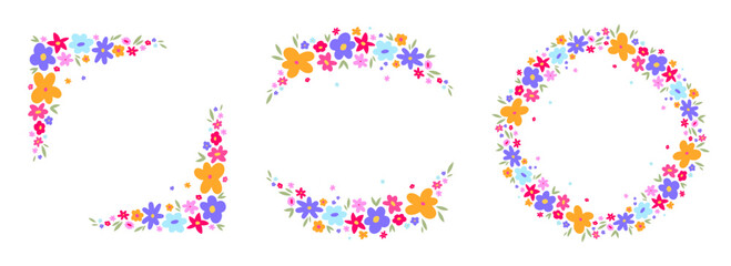 Beautiful floral compositions with doodle cute flowers. Corners and frames decorations