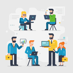 Dynamic business team collaborating effectively on laptops and presenting growth charts in a modern office setting