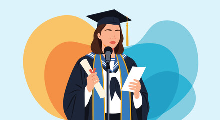 Female graduate in a traditional cap and gown holds her diploma while delivering an inspiring valedictorian speech at a ceremony.