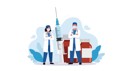 Team of professional doctors a man and a woman in lab coats and masks standing with a giant syringe and medicine bottles.