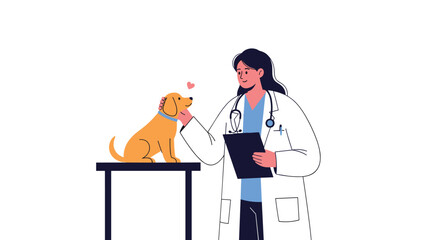 Female veterinarian in a white coat with a stethoscope examining a cute and happy golden retriever puppy on an examination table.