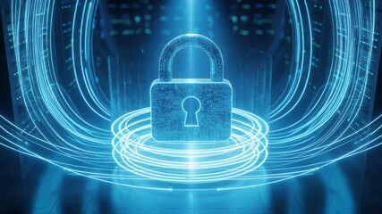 Futuristic glowing digital padlock icon secures massive data in a dark server room emphasizing global network cybersecurity and data protection - Powered by Adobe
