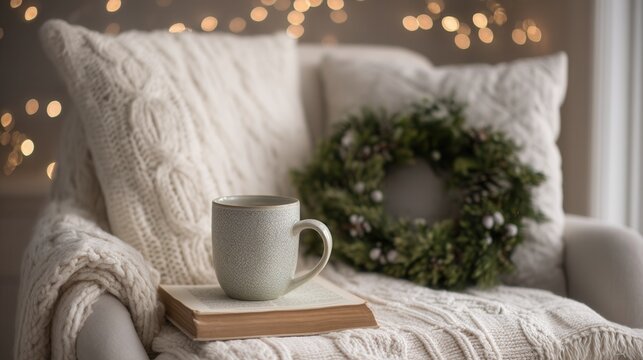 christmas Cozy chair with mug, blanket, and festive wreath in soft lighting. - Powered by Adobe